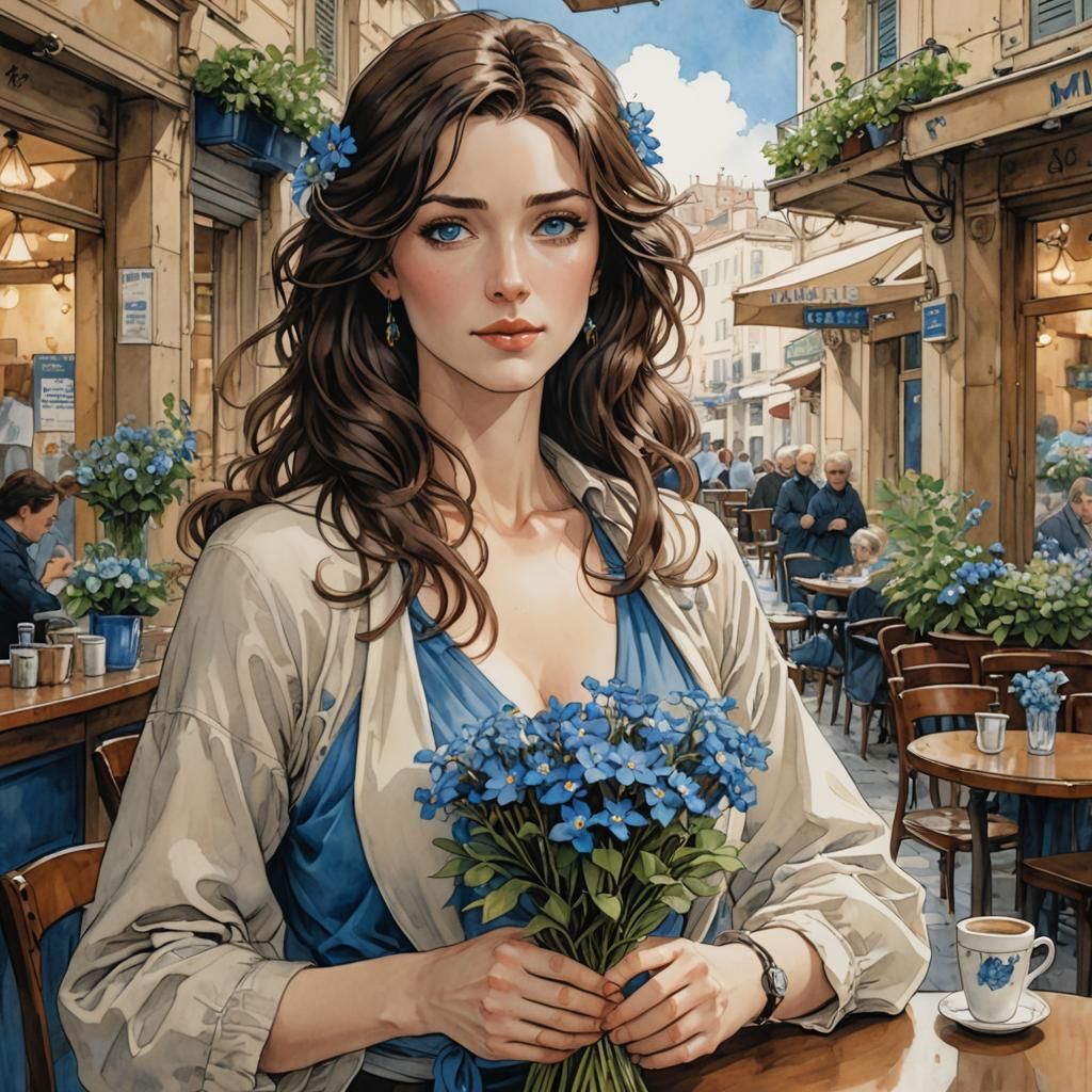 Woman with Blue Flowers in Anime Style