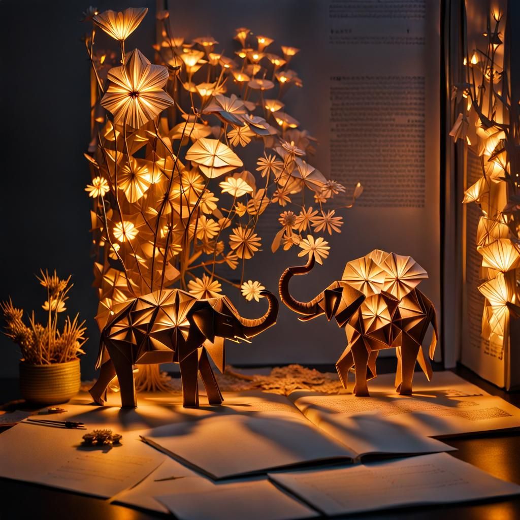 Luminous Origami Elephants and Flowers Diorama