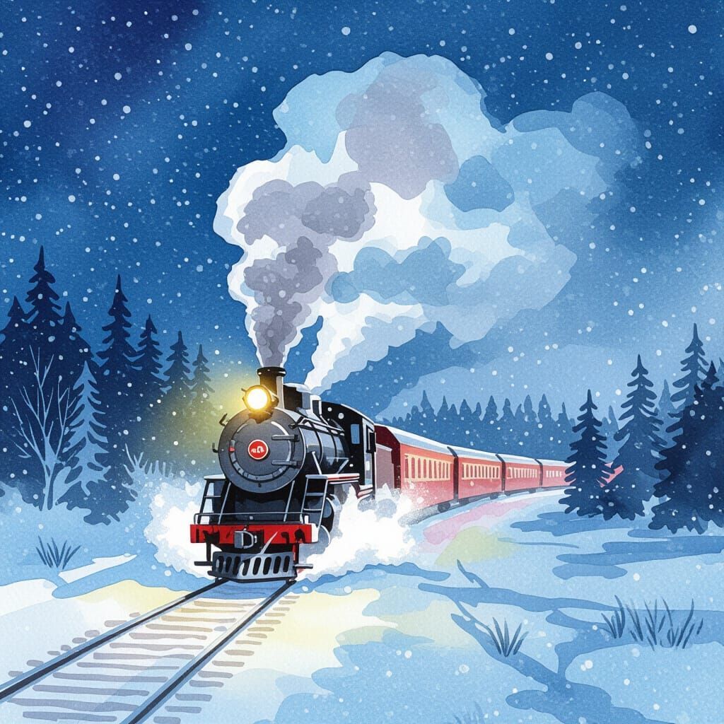 Winter Train Chugs Through Blizzard in Watercolor Ink Style
