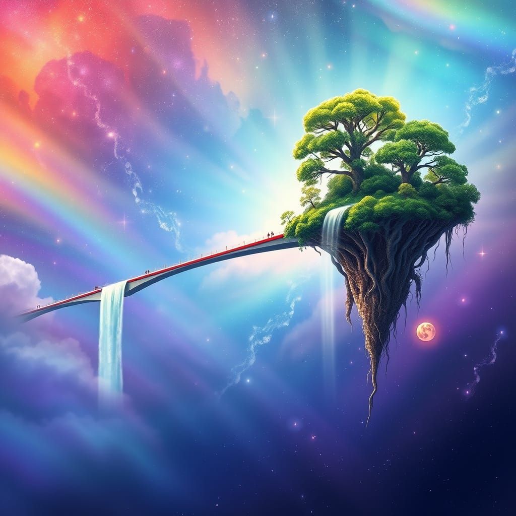 Celestial Rainbow Bridge Connecting Lush Flying Islands