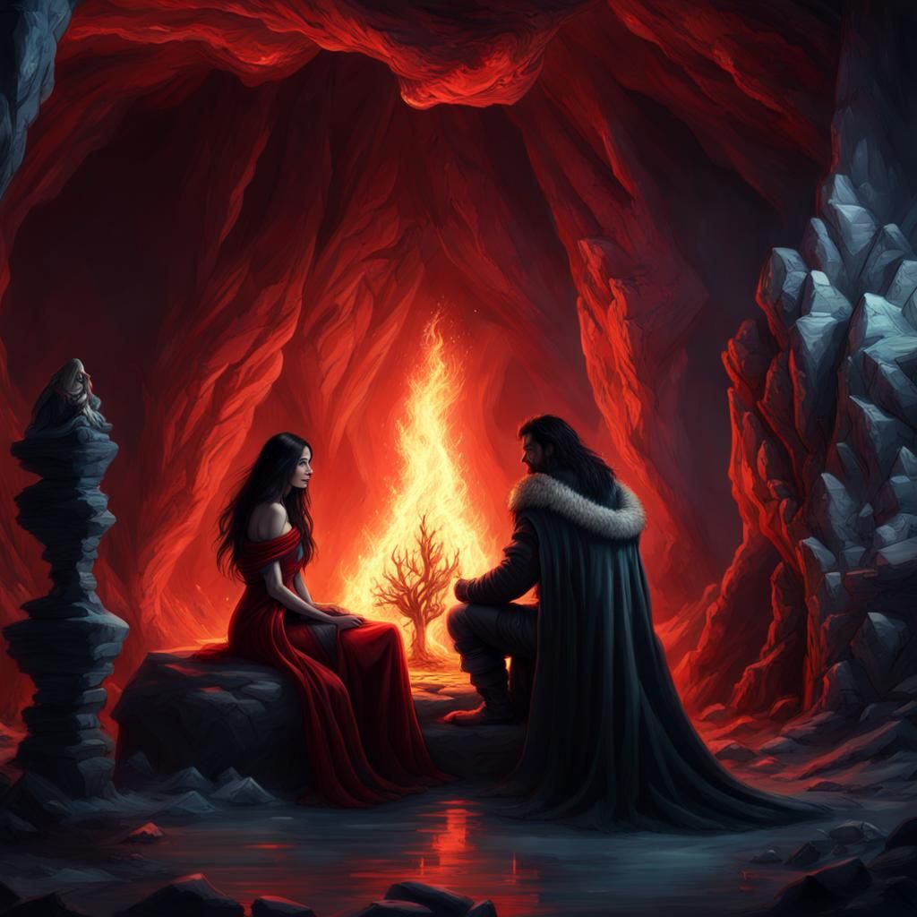 Icy Cave Scene: Paladin and Sorceress by Firelight