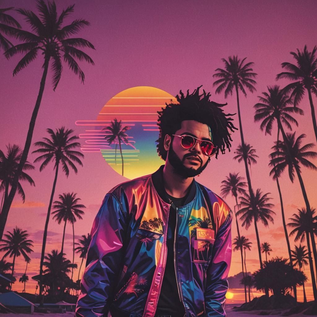 The Weeknd Album Cover in 80s Synthwave Style