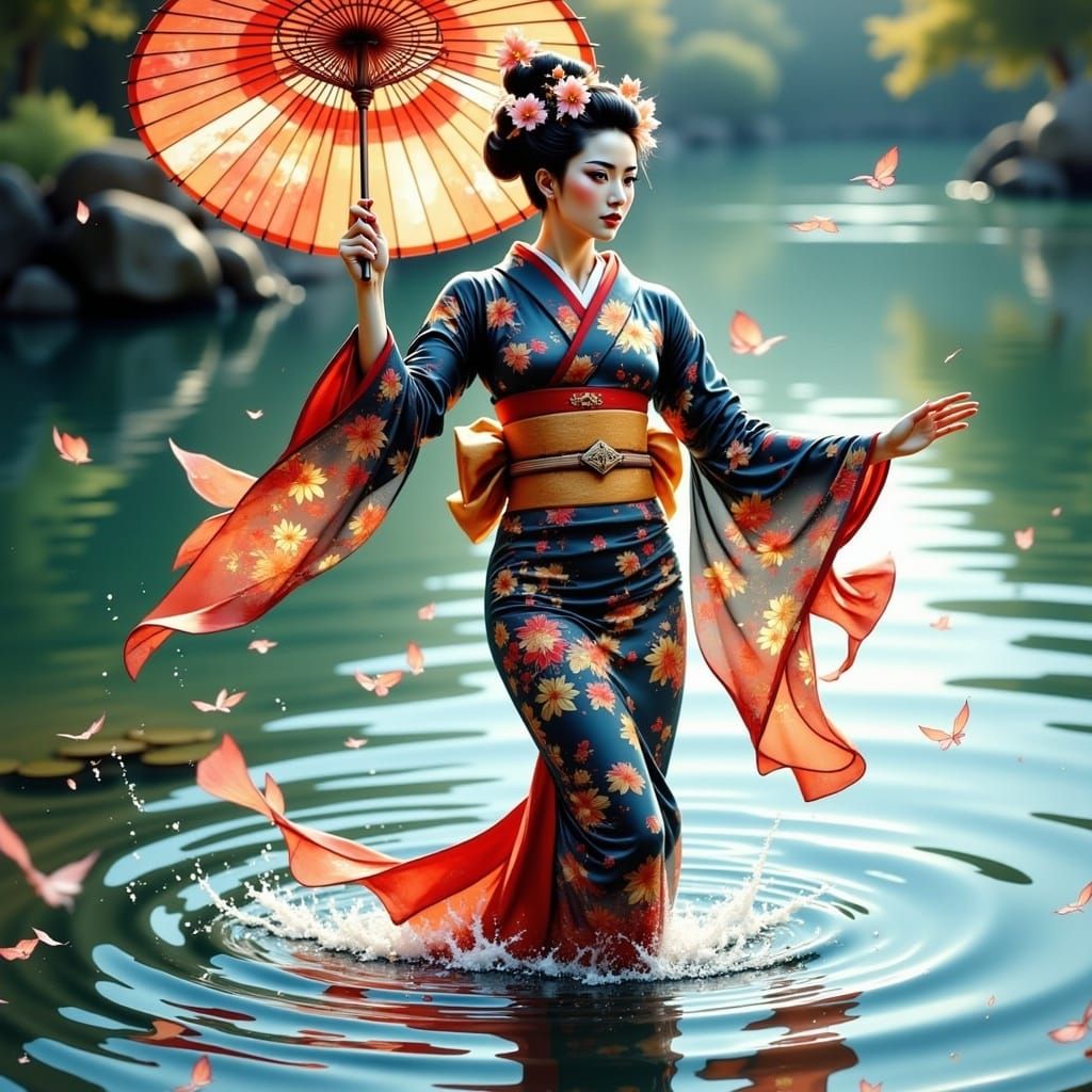 Geisha's Dance on Water, in Japanese Art Style