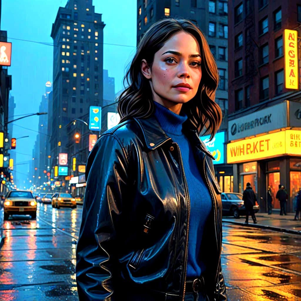 Confident City Goddess in Cyberpunk Urban Landscape