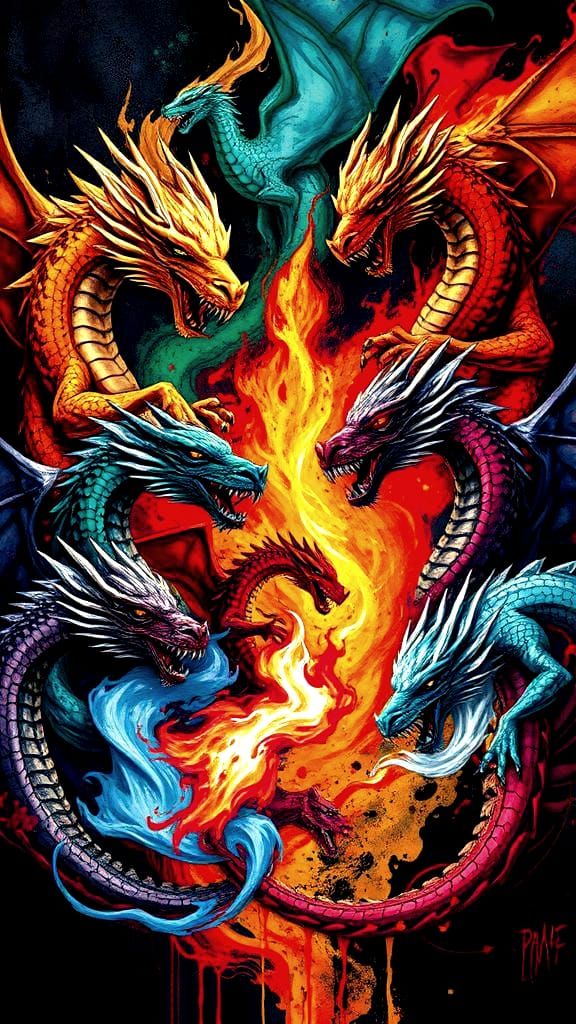 Elemental Dragons in Graffiti Splash Art Style