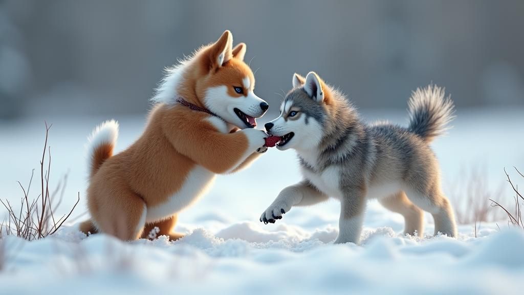 Bulldog Puppy and Baby Wolf Play in Snow