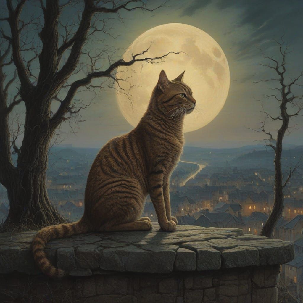 Whiskered Cat Watches Over Enchanted Village