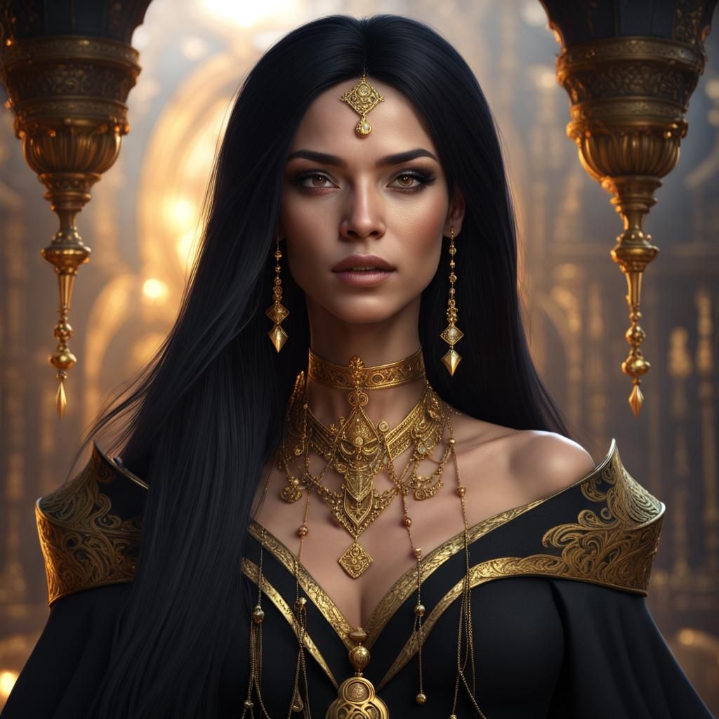 Beautiful Sorceress with Golden Jewelry, Fantasy Art