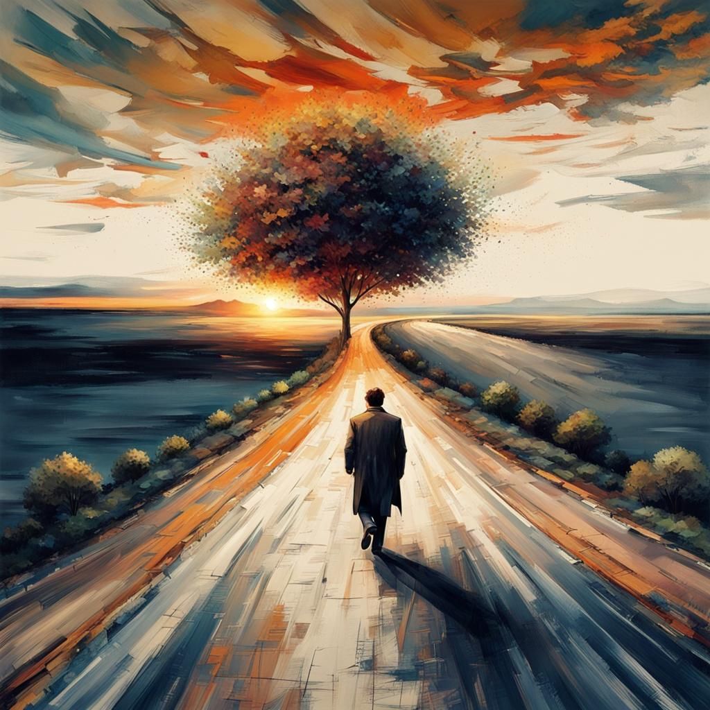 Man Walking Towards Sunset on Winding Road