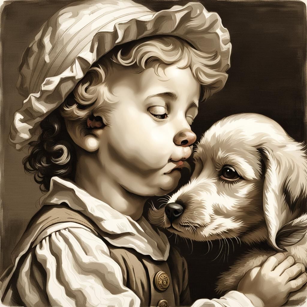 Boy and Puppy Nose Touch, Boucher Style