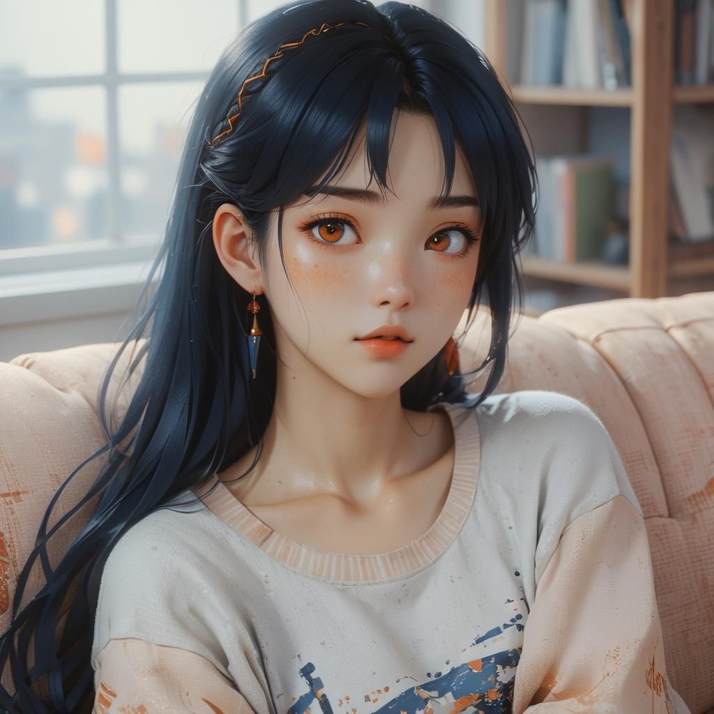 Manga-Style Younger Sister Lounging in Dimly Lit Room