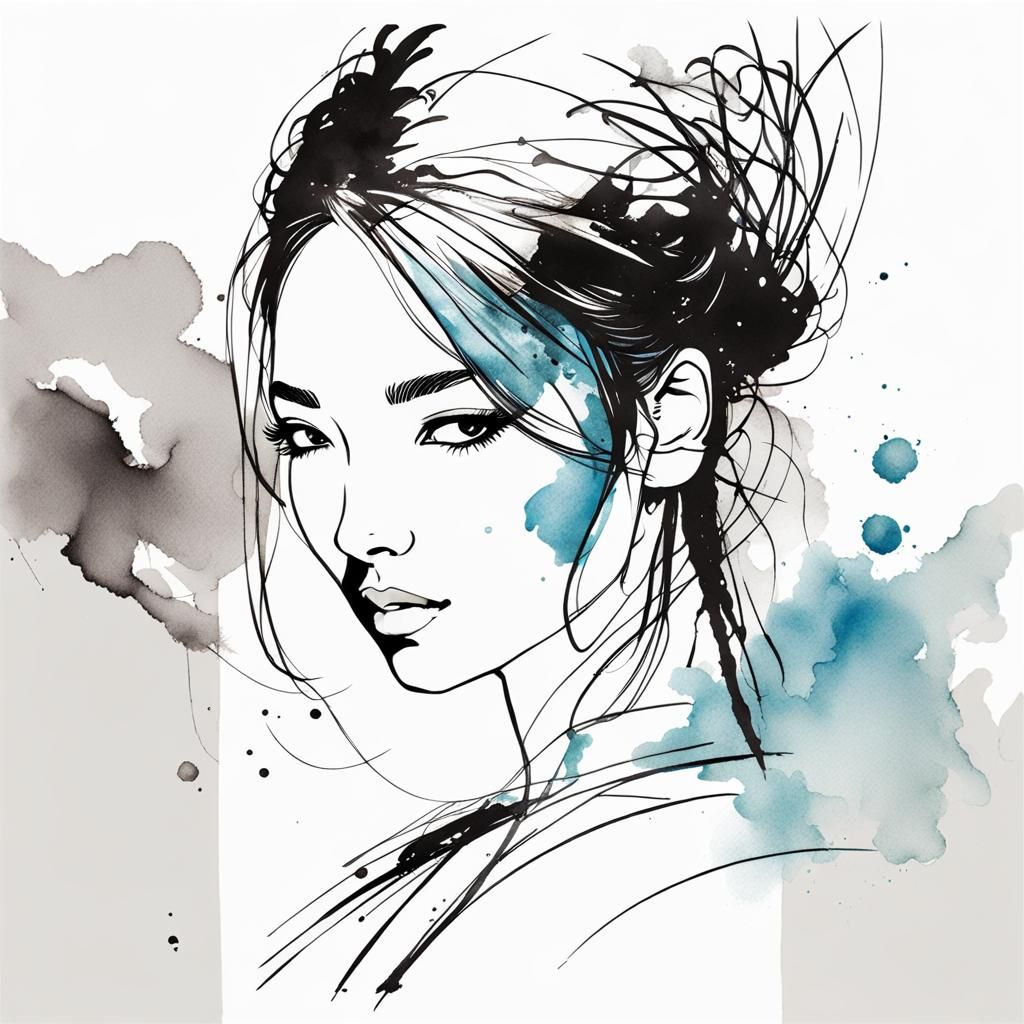 Minimalist Line Art Portrait with Watercolor Background