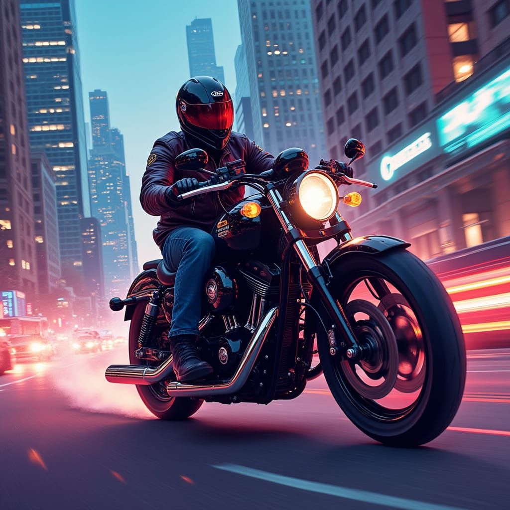 Cyberpunk Motorcycle Rides Through Futuristic City