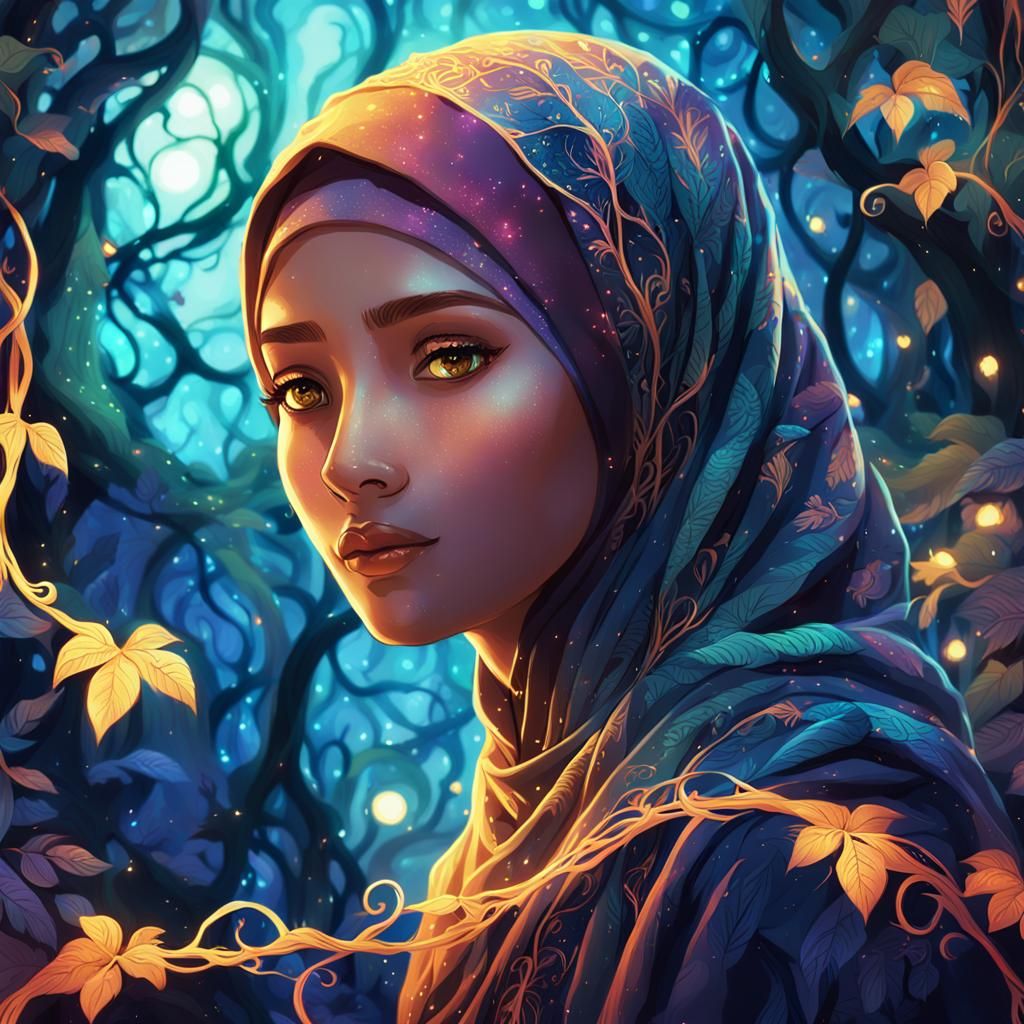 Fantasy Digital Art: Hijab Woman in Moonlit Forest