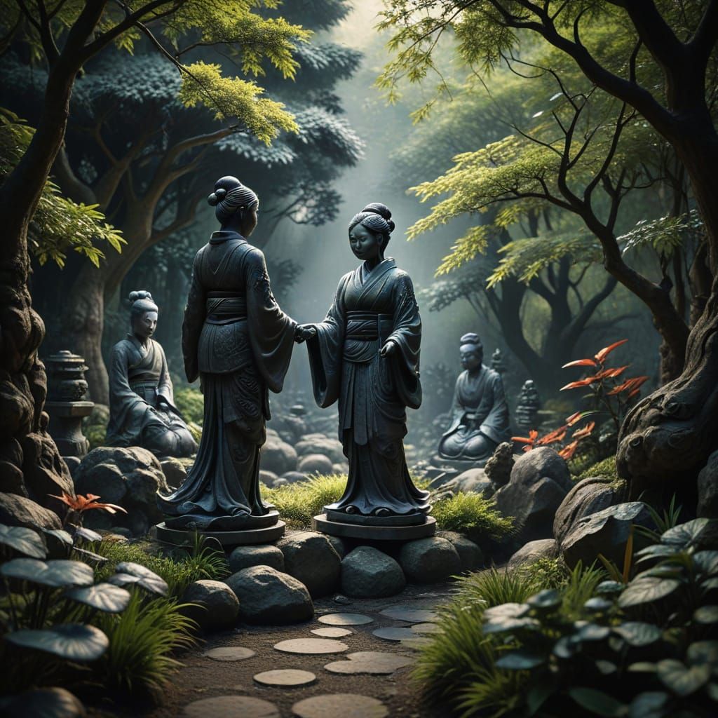 Animated Relief Sculptures in Japanese Garden Charcoal Drawi...