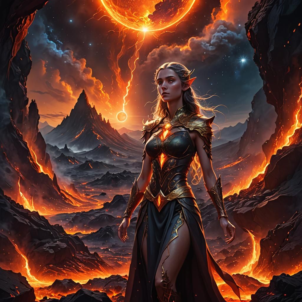 Ethereal Elf Amidst Lava Under Eclipsing Celestial Bodies