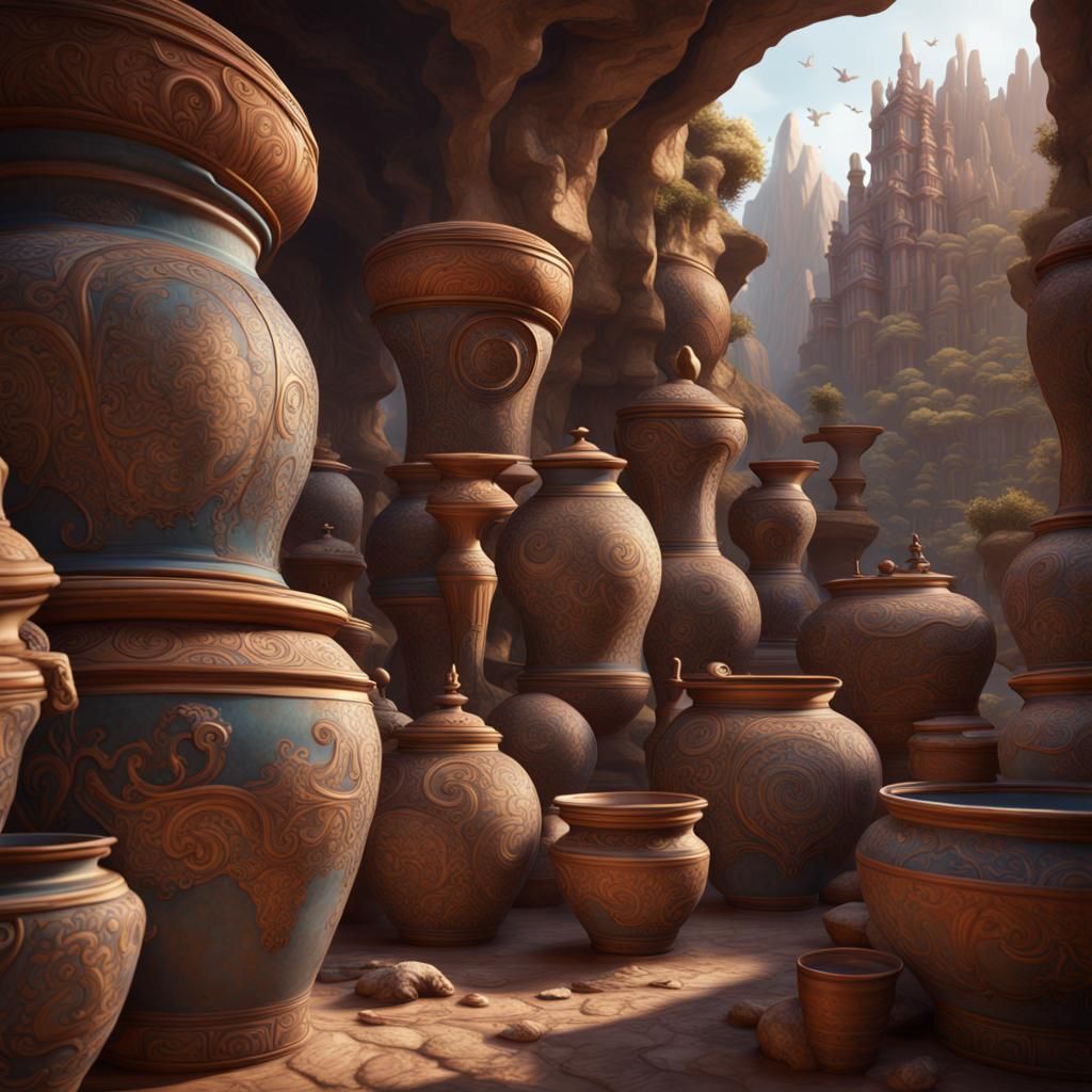 Fantastical Giant Pottery in Detailed Matte Style