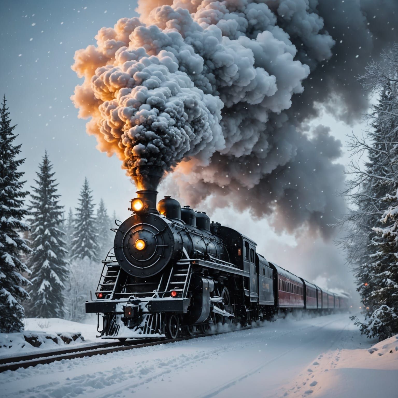 Glowing Steam Train Journey Through Falling Snow