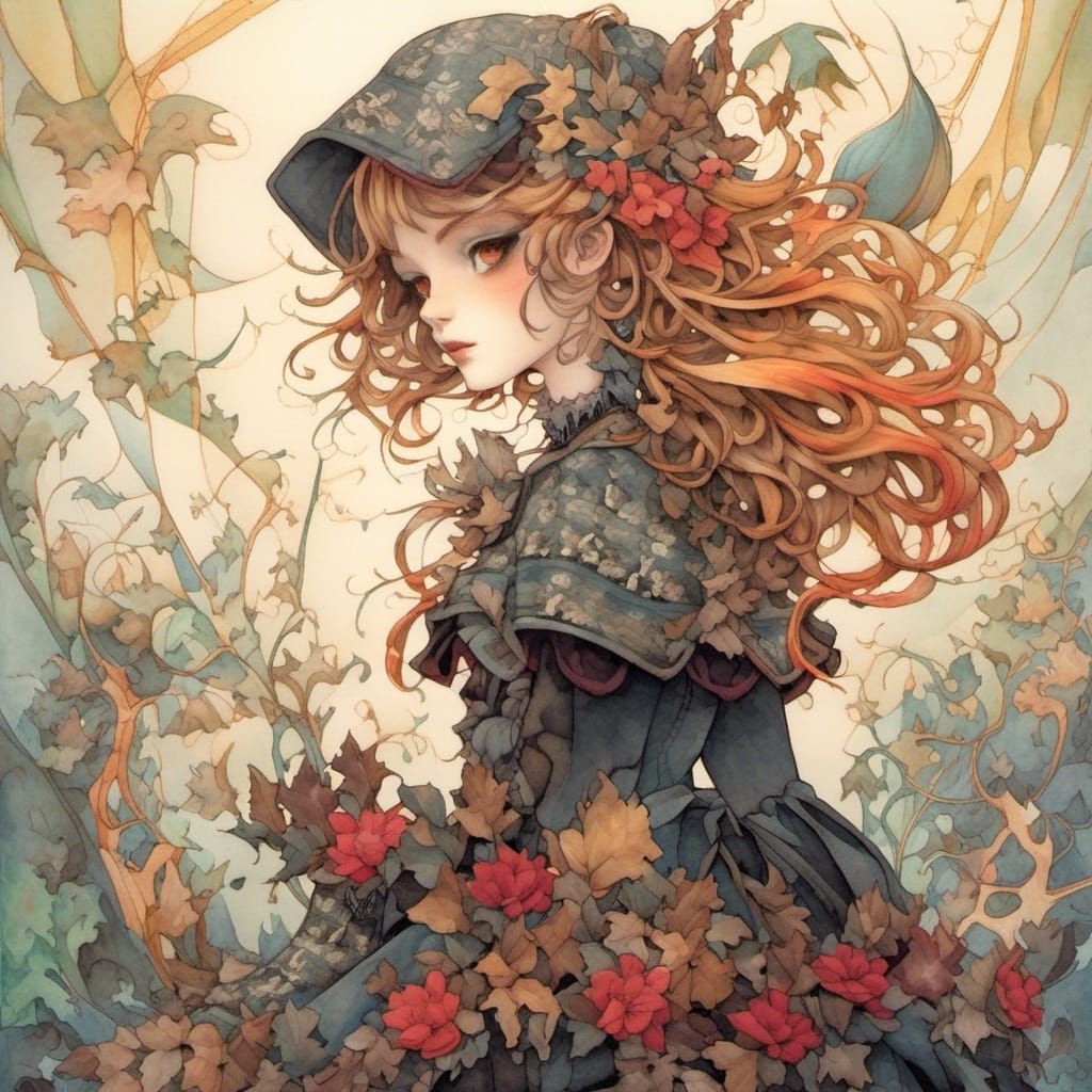 Whimsical Red Riding Hood Sea Voyage Ink Painting