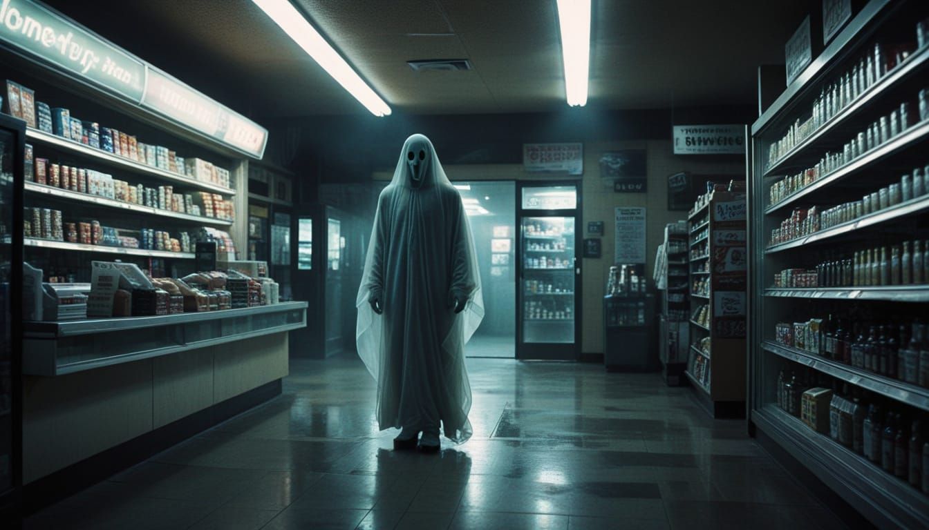 Ghostly Figure in Moody Convenience Store Photograph