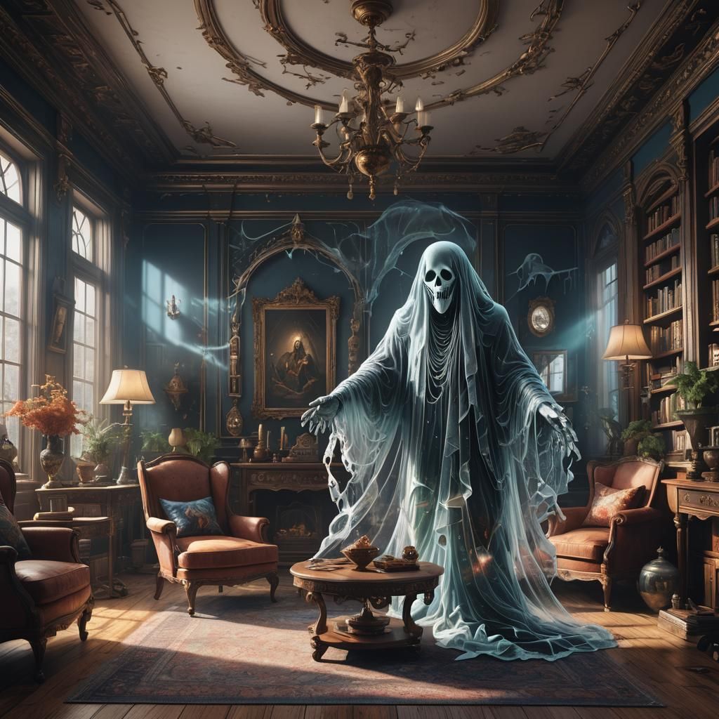 Transparent Ghost in Living Room: Fantasy Concept Art