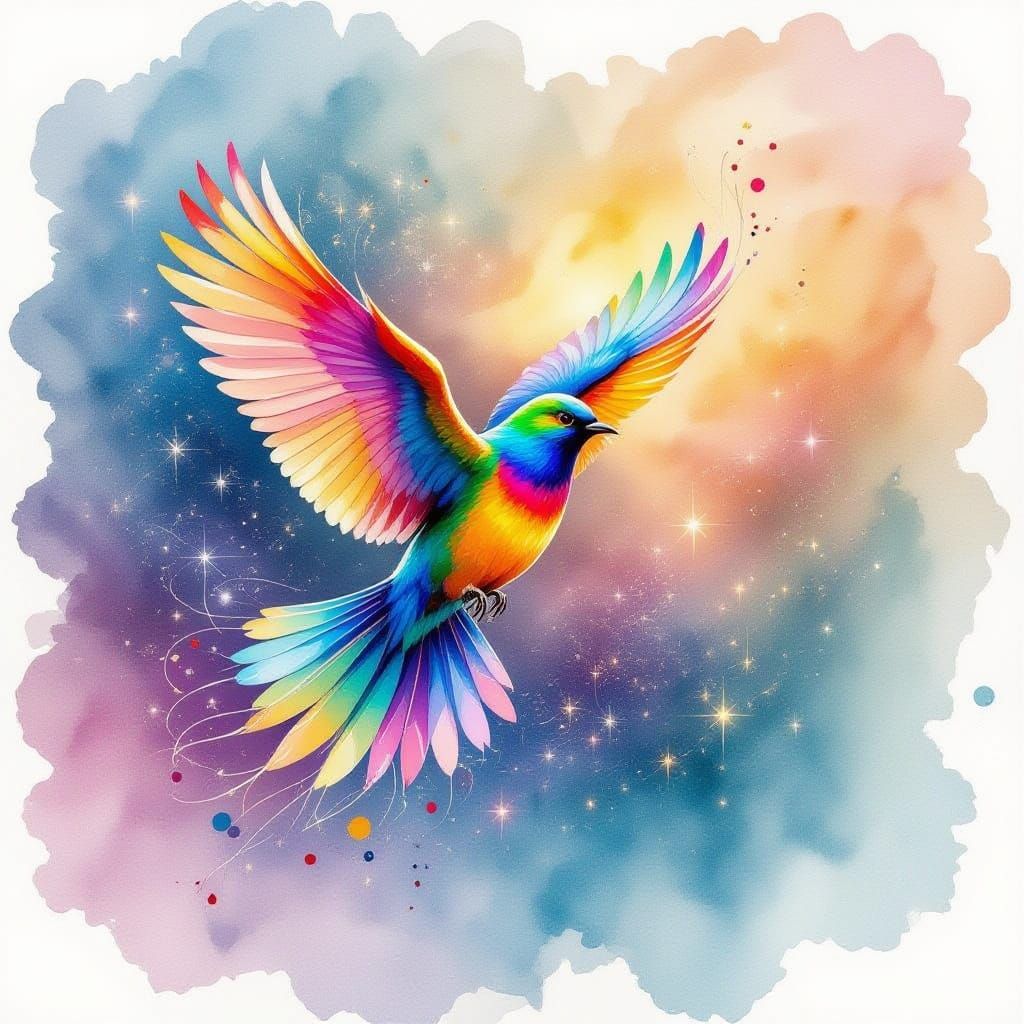 Mystical Bird Soars Through Colorful Nebulae in Watercolor S...