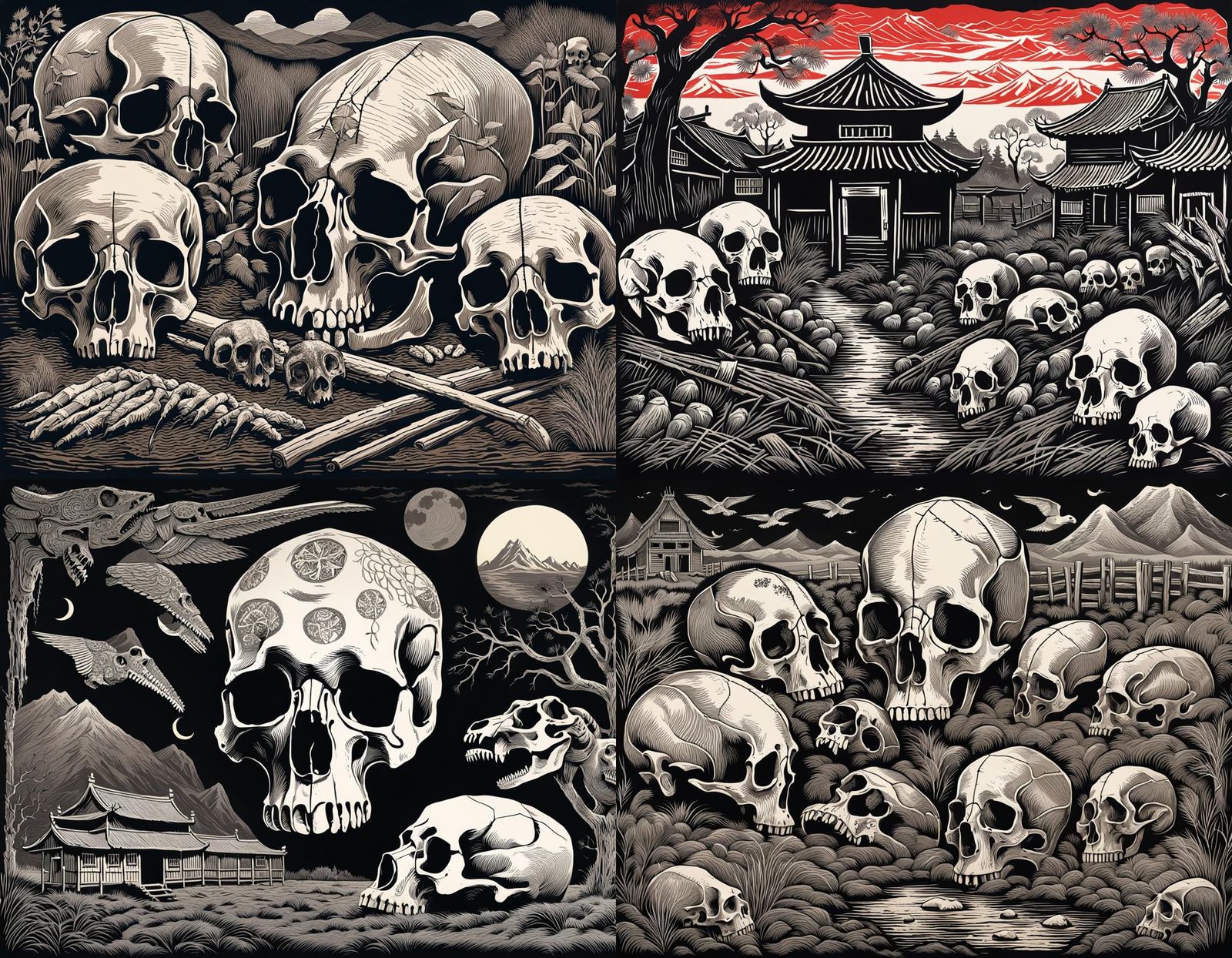 Chinese Village Horror in Vivid Linoprint Style