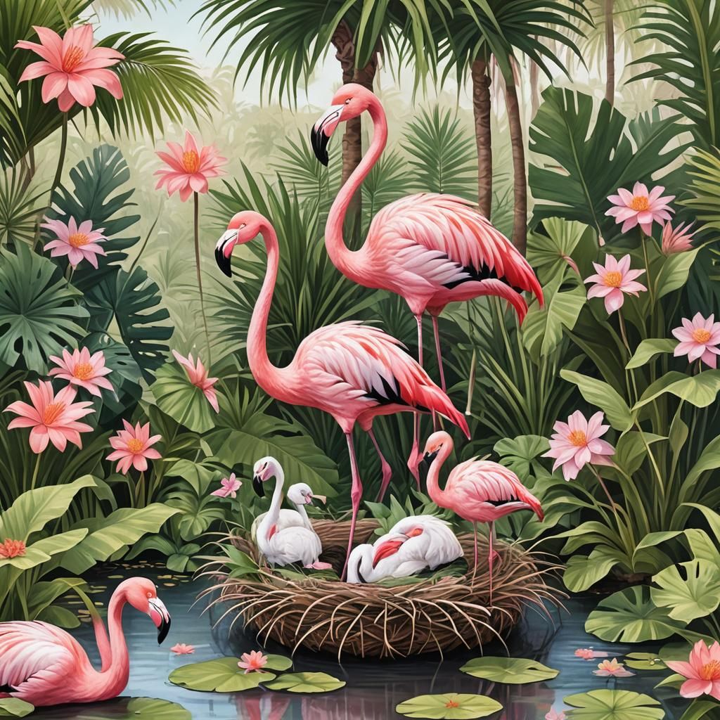 Pink Flamingo Family in a Lush Pond Setting