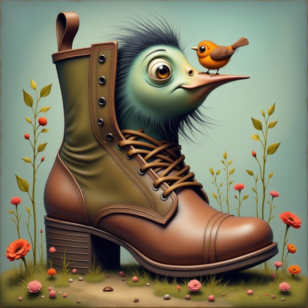 Whimsical Storybook Boot with Tiny Bird