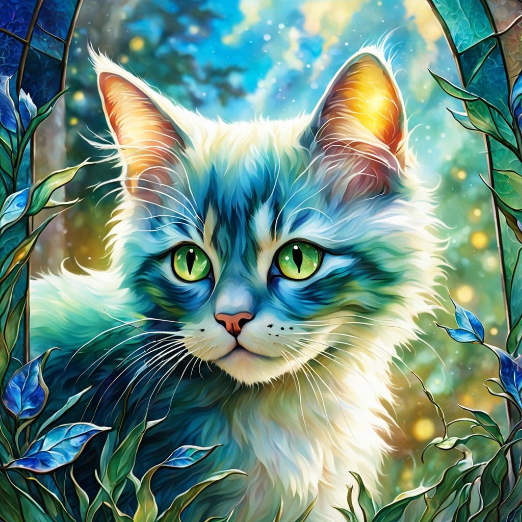 Stained Glass Kitten in Ethereal Fantasy Style