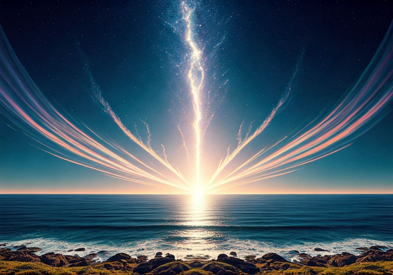 Kaleidoscopic Sky Tear Reveals Magical Rift Over Ocean