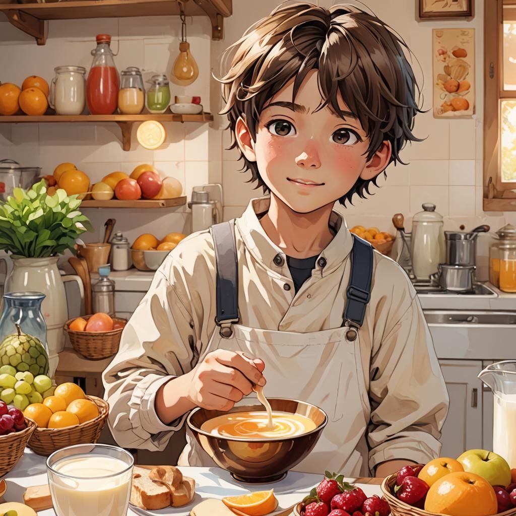 Anime Boy with Milk Bowl in Moe Style