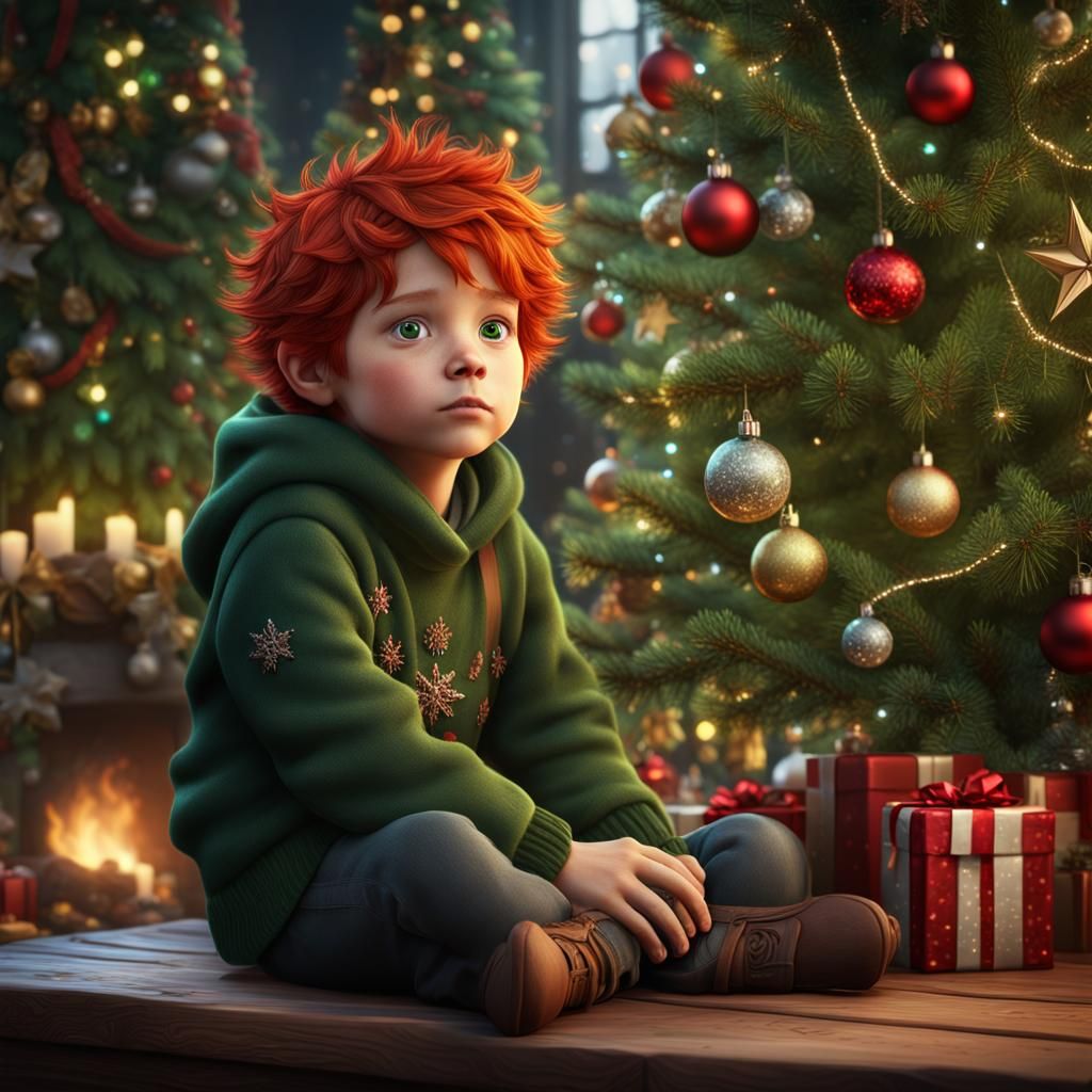 Red-Haired Boy by Christmas Tree: Fantasy Concept Art