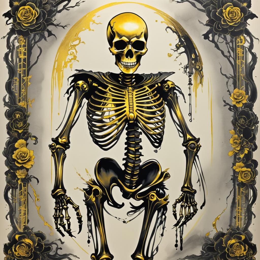Darkpunk Weirdcore Skeleton in Chinese Ink Style