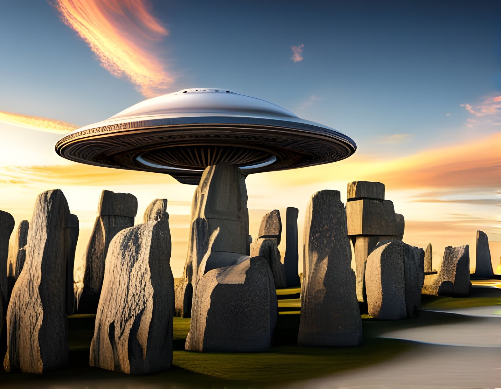 Steampunk UFO Soaring Over Ancient Stonehenge