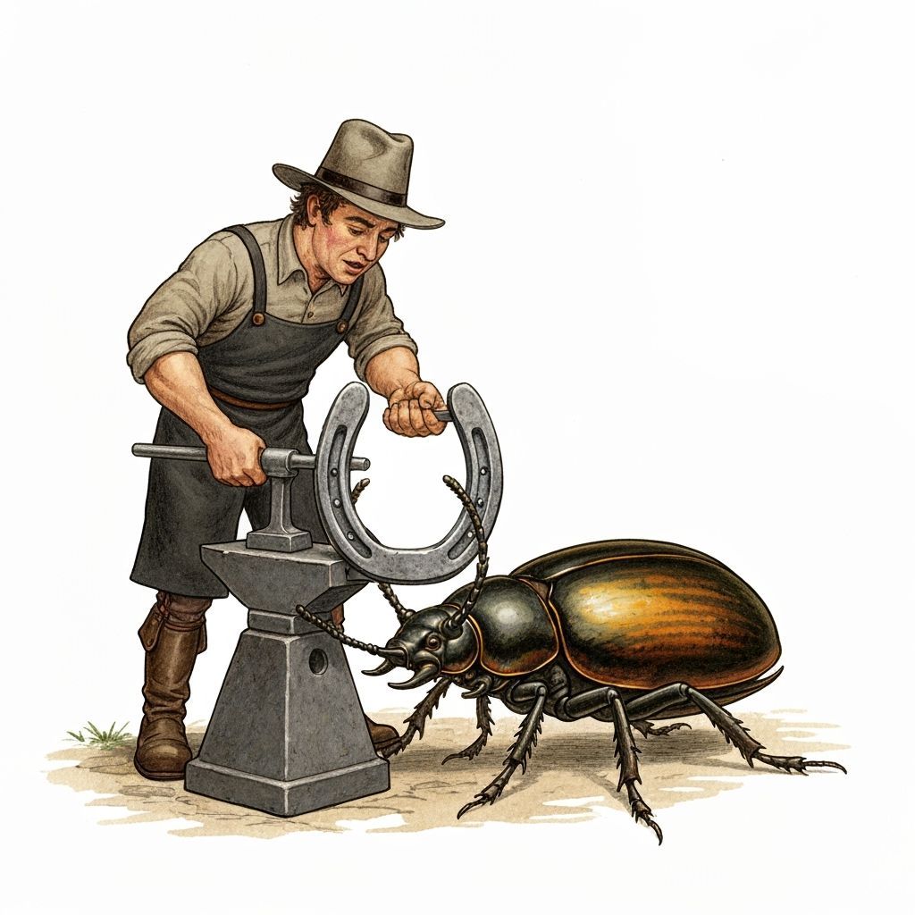 A blacksmith shoeing a giant beetle with a horseshoe, fairyt...