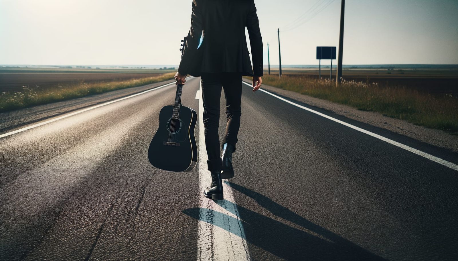Man Walks Chalk Line with Guitar
