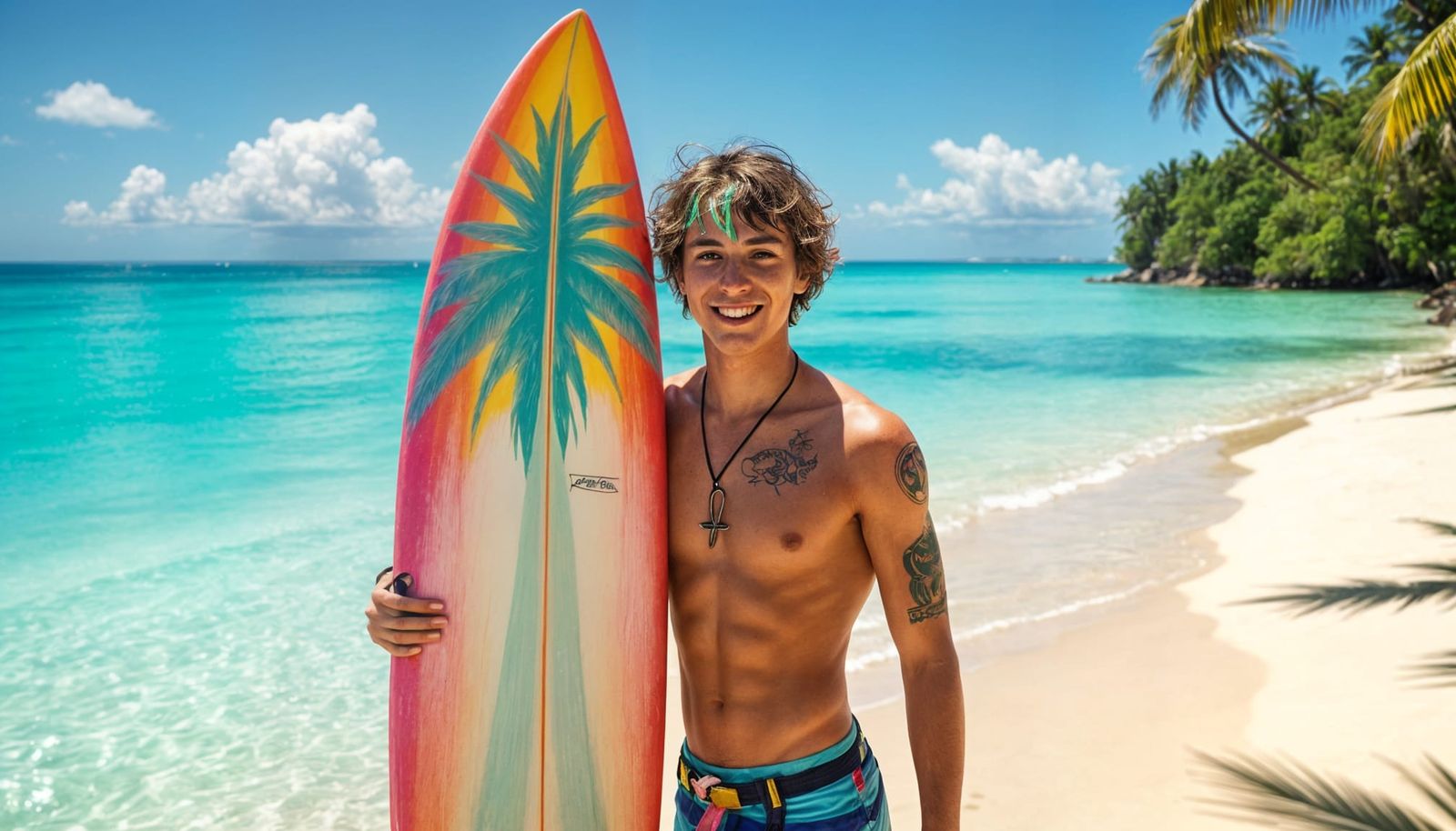 Athletic Surfer Dude Smiles Next to Waxing Rainbow Surfboard...