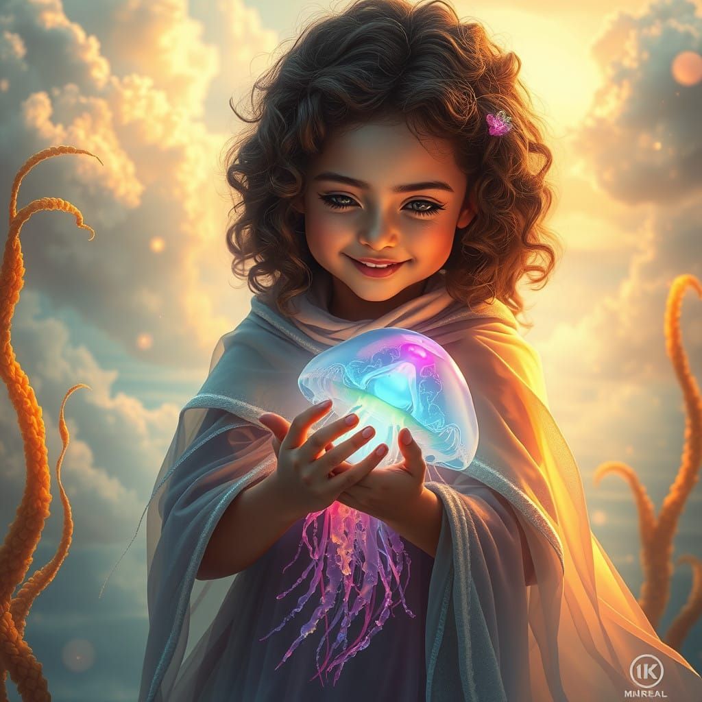 Girl Cradles Luminous Jellyfish in Whimsical Underwater Scen...
