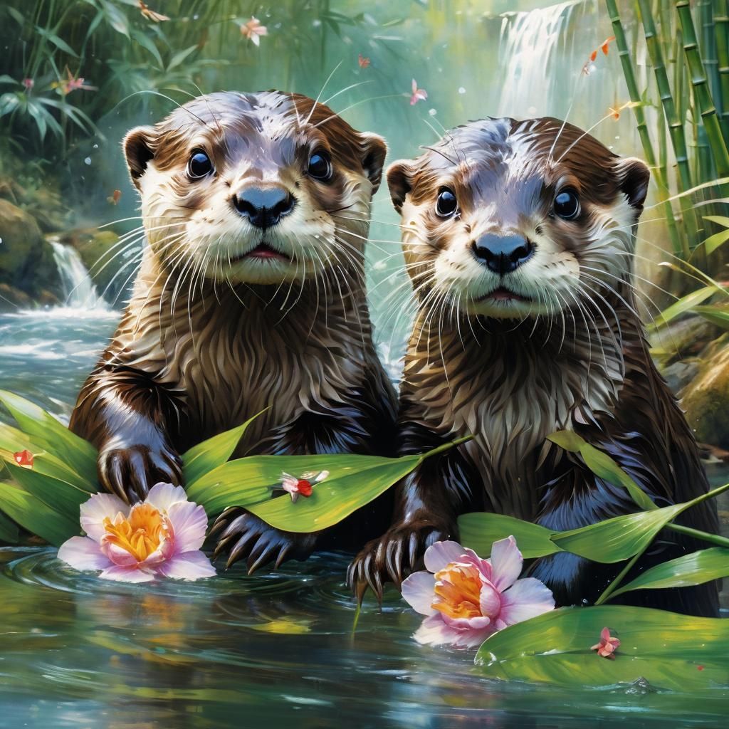 Playful Otters in Bamboo Forest, Anime Style