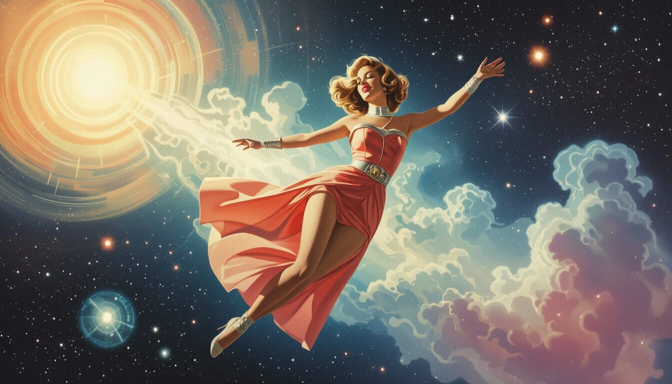 Psychedelic Woman in Retro-Futuristic Cosmic Dreamscape