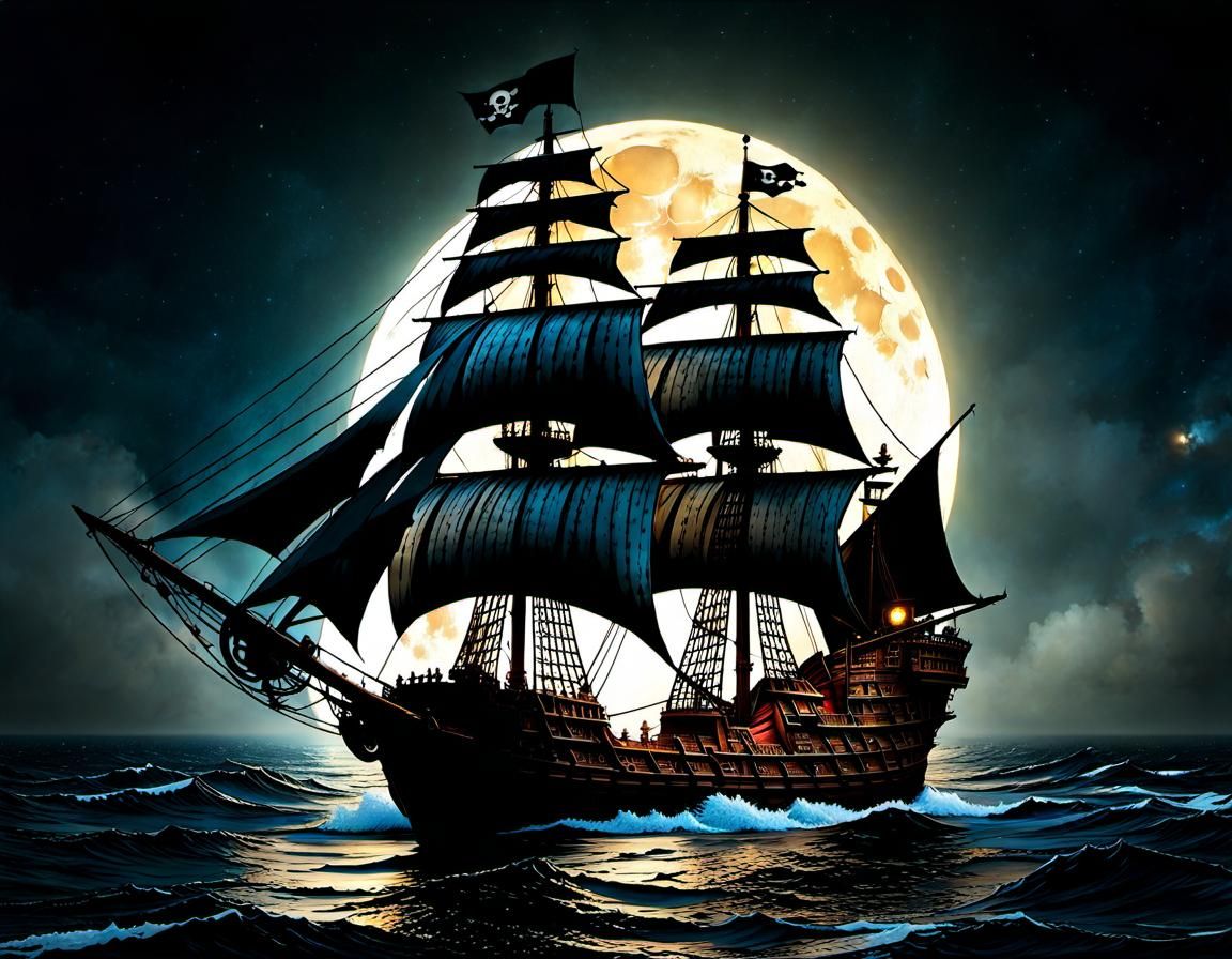 Pirate Ship on Rough Seas, Dark Fantasy Artwork