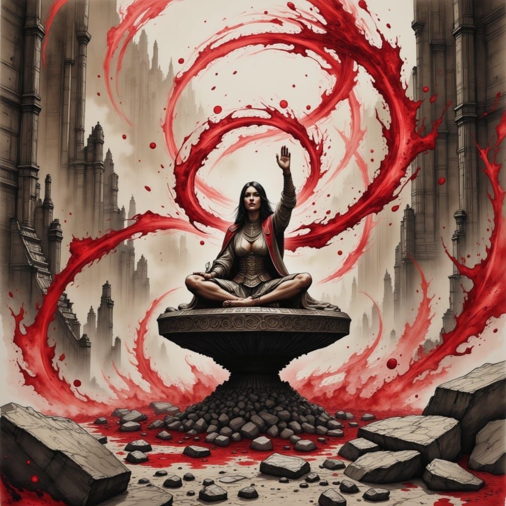 Blood Magic Sorceress in Dutch Low-Angle Watercolour