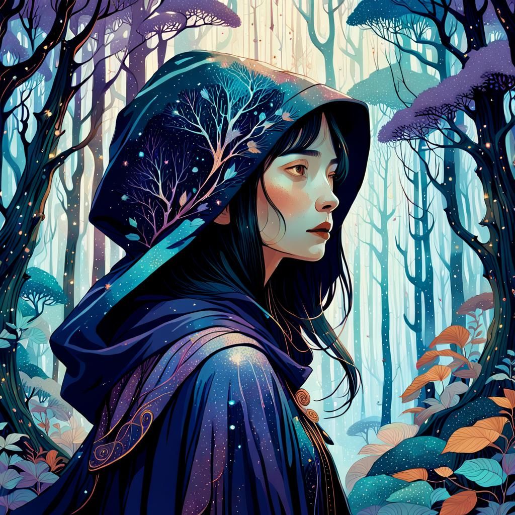 Enchanted Forest: Fantasy Illustration of Hooded Woman