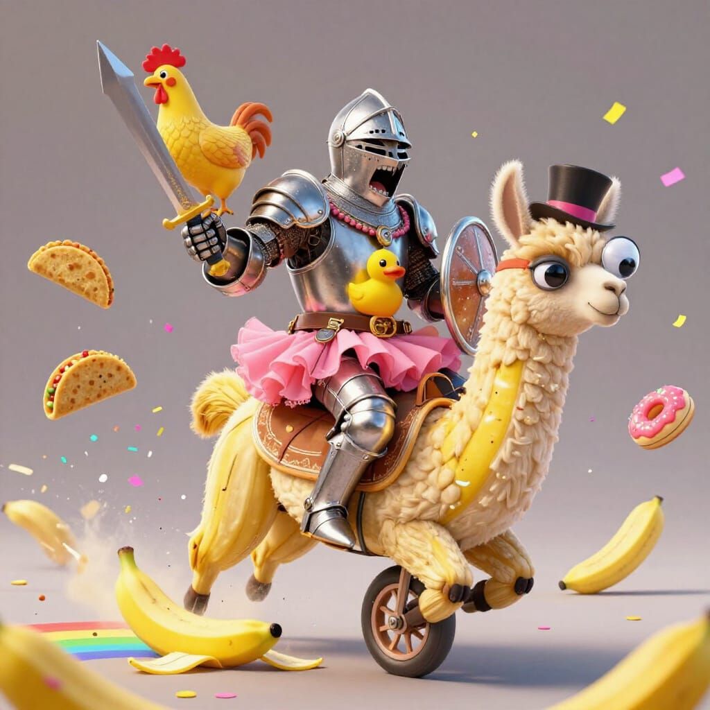 Knight on Llama-Unicycle in Chaotic Cartoon Adventure