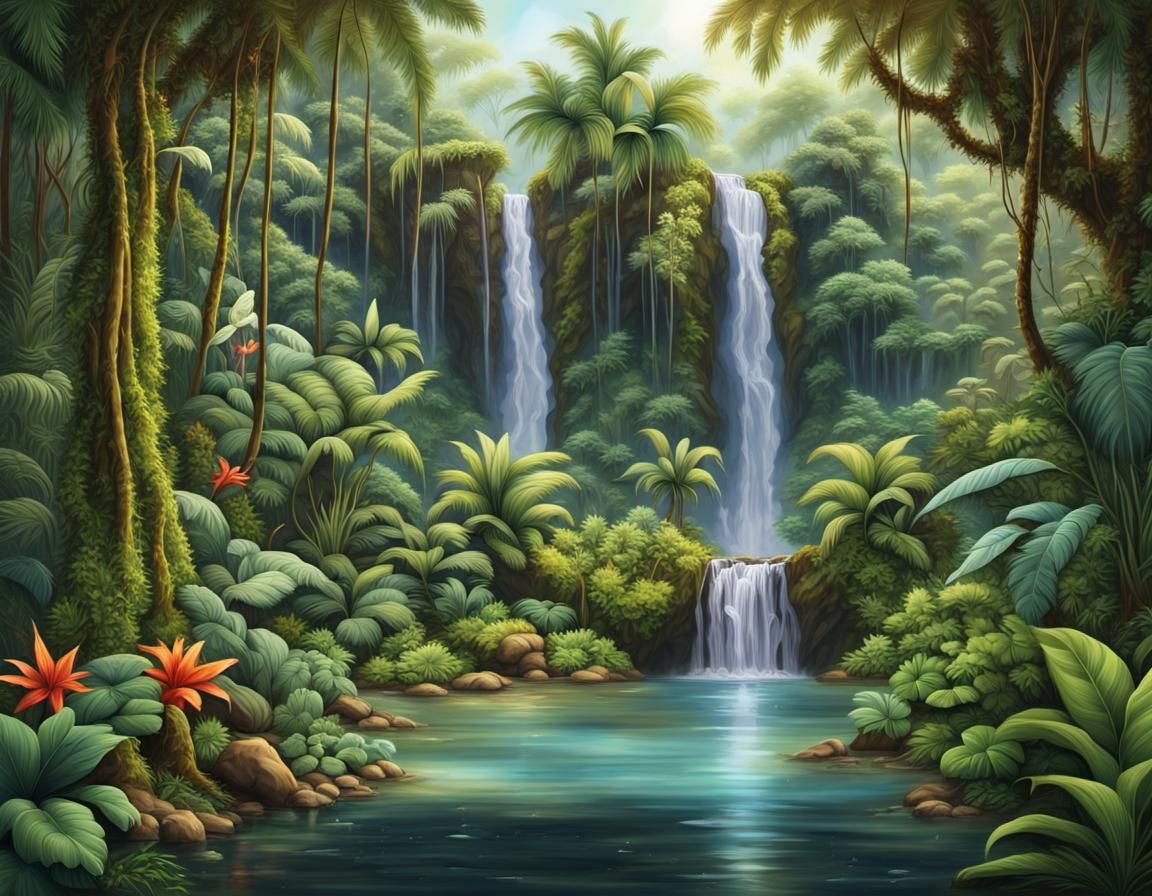 Enchanting Waterfall in Lush Tropical Jungle