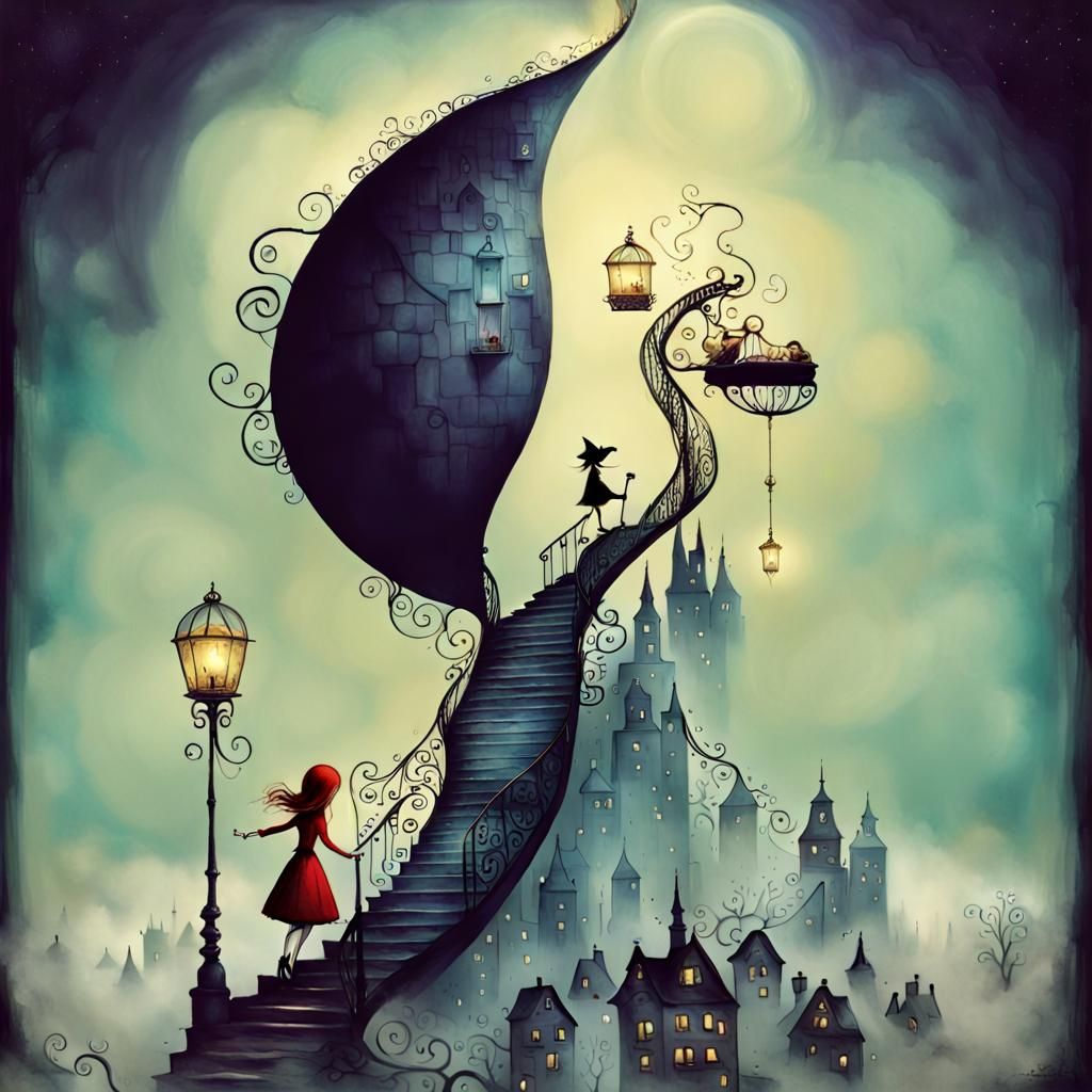 Surreal Stairway to Heaven Ink Illustration