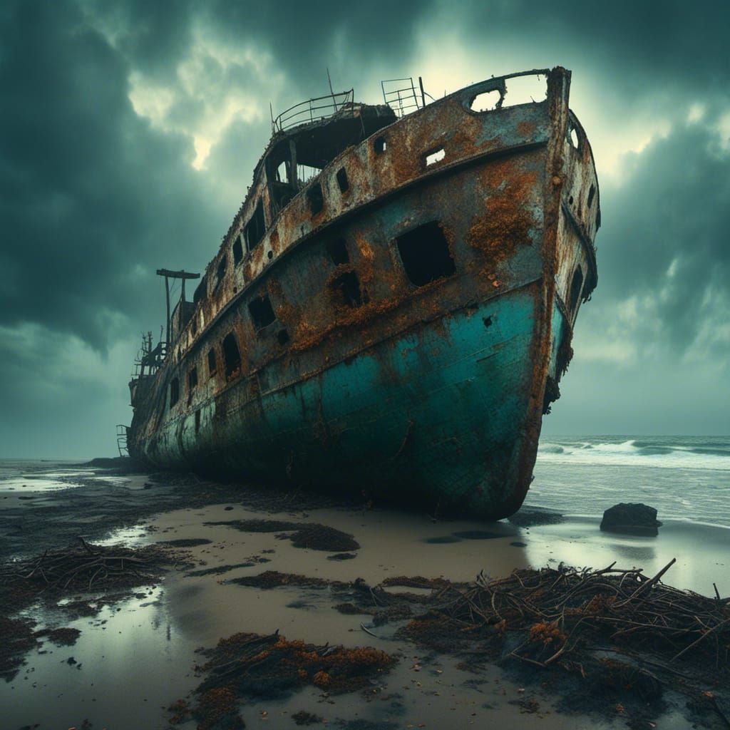 Gothic Surrealism: Abandoned Ship on Forgotten Beach
