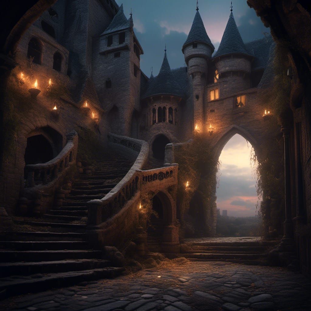 Ghost Mage Descends Castle Stairs at Twilight