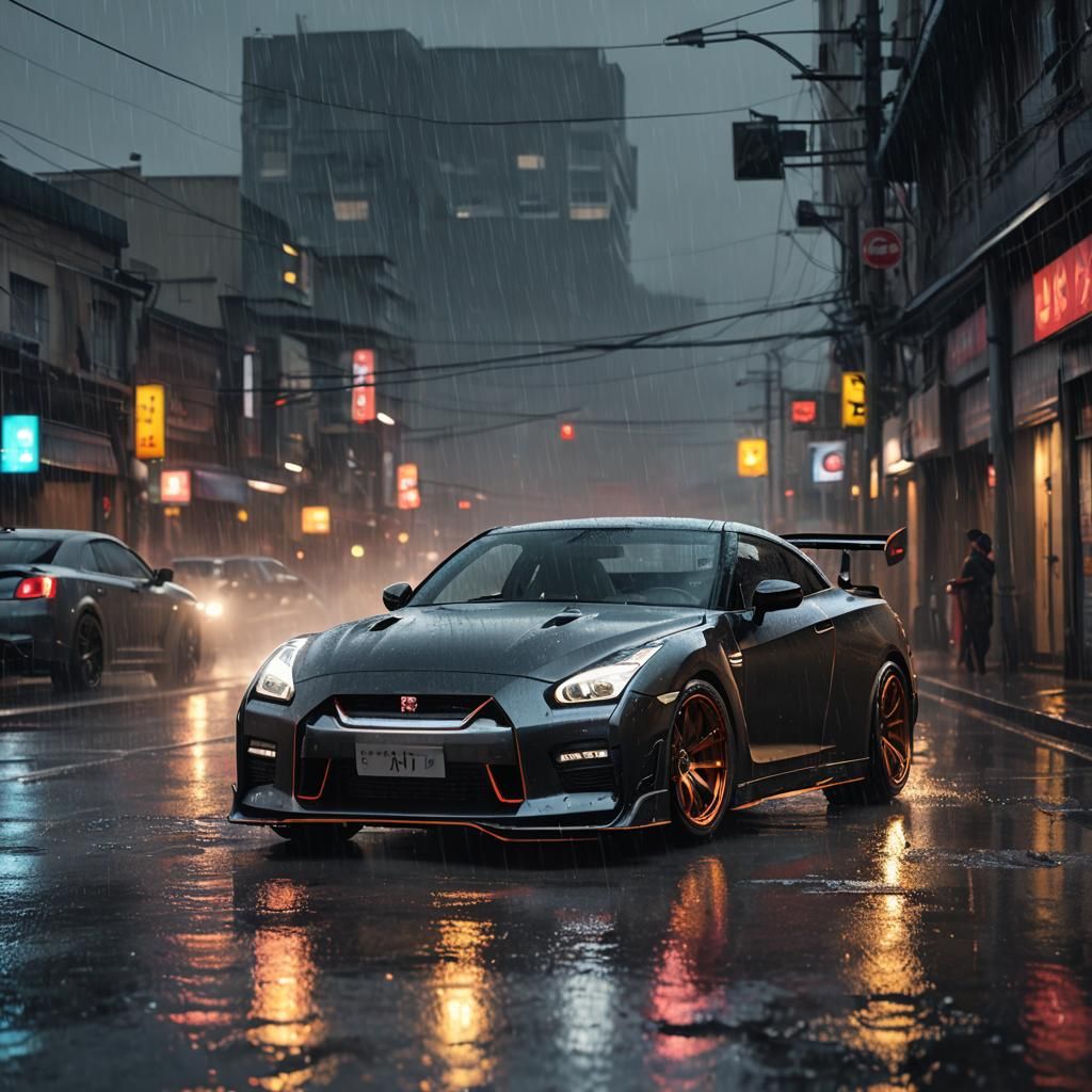Futuristic Nissan GTR in Rain with Neon Reflections